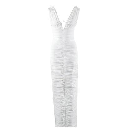 Dress High Grade White Dress Waist Slimming Deep V Plunge Bandage Dress