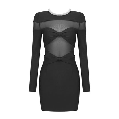 Bow Mesh Rhinestone Strip Dress Black Long Sleeve Semi Transparent