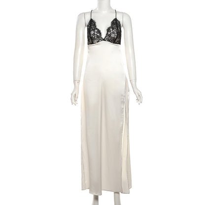 Clothes Lace Splicing Sling Backless Lace up Split Dress