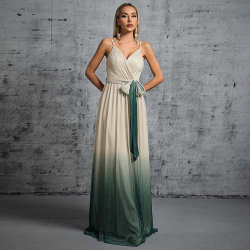 Evening Dress Strap Backless Lace up Gradient Color Maxi Formal Dress
