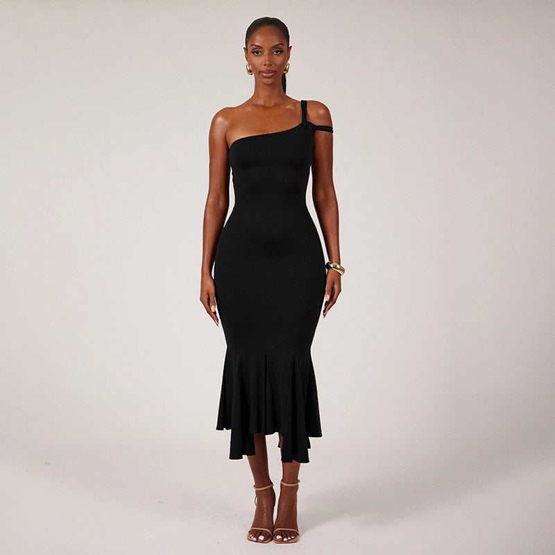 Ladies Dress Solid Color Basic One Shoulder Cut out Ruffled Irregular Asymmetric Tube Top Dress