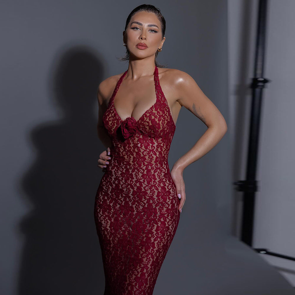 Halterneck with Suspenders Slim Fit Lace Mesh Dress Maxi Dress Evening Dress