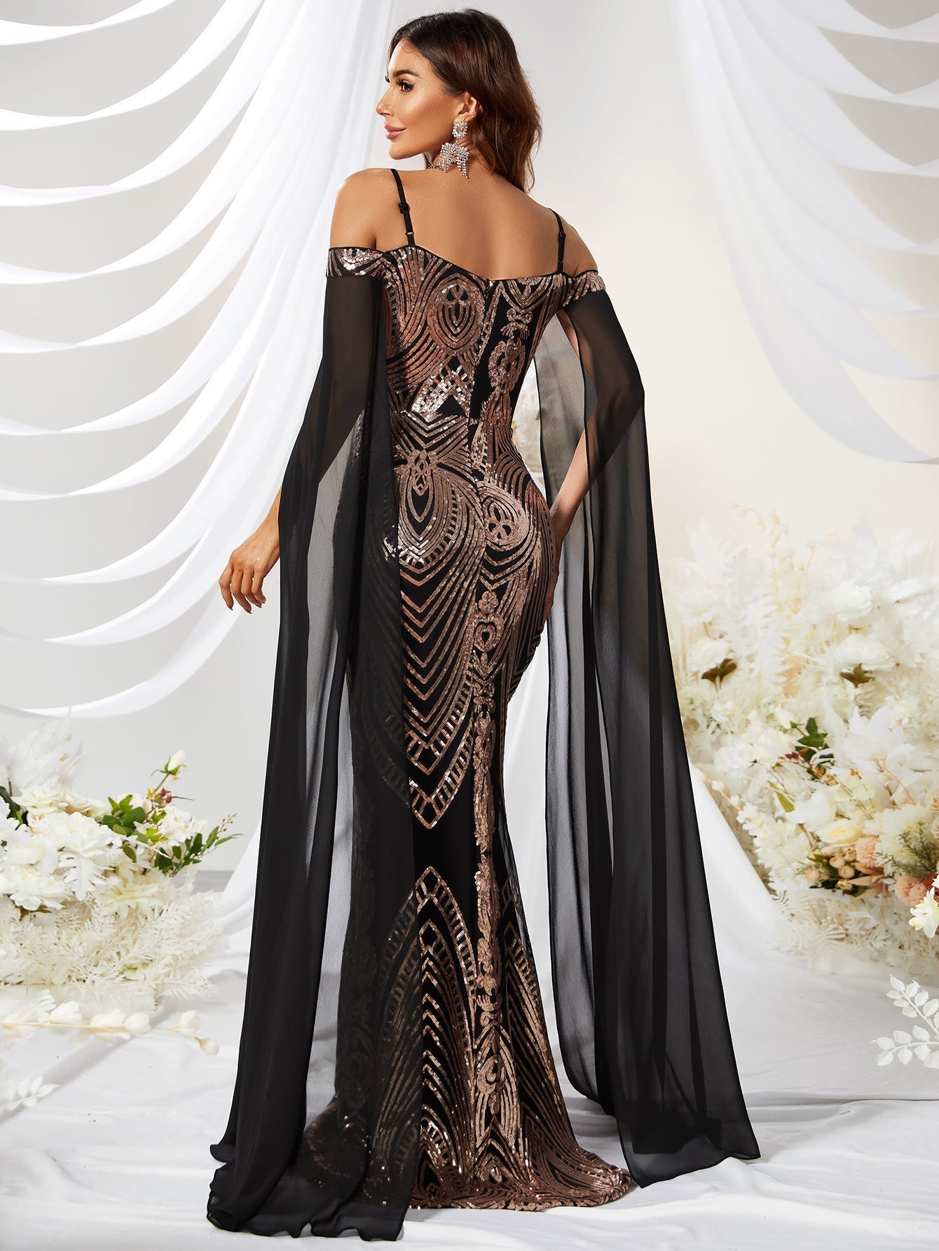 Dress Sequin Off The Shoulder Sling Ball Evening Dress Waist Hip Wrapped Fishtail Dress