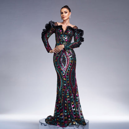Long Sleeve V neck Hollow Out Cutout out Long Sequined Cocktail Fishtail Evening Dress Bridesmaid