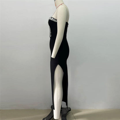 Fall Tube Top Diamond Bandage Dress Side Split Hip Wrapped Dress Dress