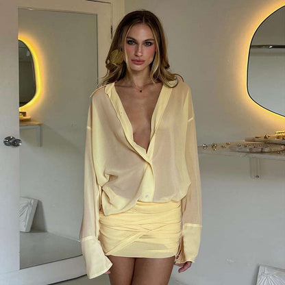 Elegant Collared Slim Fit Sheath Lace up Shirt Dress Short