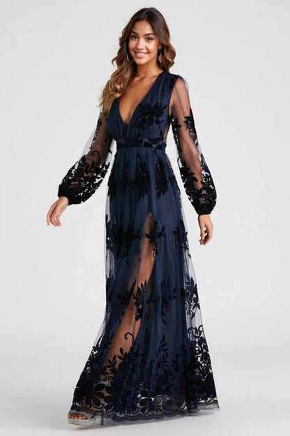 Maxi Dress High Split Ladies Long Sleeves Evening Dress