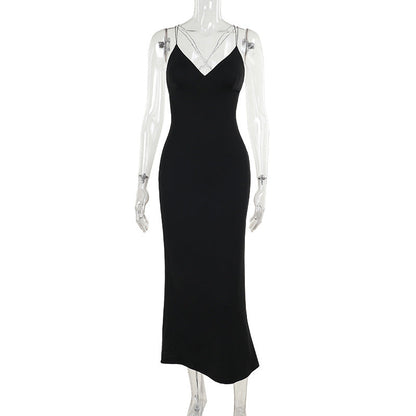 Fall Back Shaping Sling Vacation Deep V Plunge Neck Backless Maxi Dress