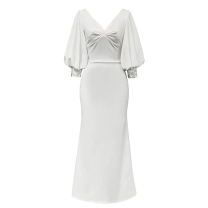 Dress Simple White V Collar Short Puff Sleeve Slim Fit Cocktail Dress