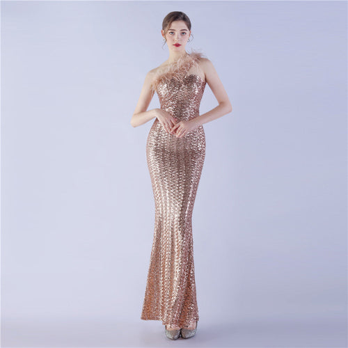 Craft Order Ostrich Feather Single Shoulder Diagonal Collar High Density Sequin High End Evening Dress