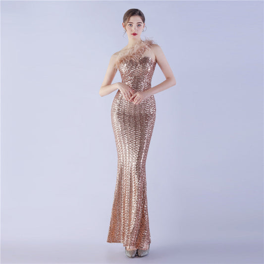 Craft Order Ostrich Feather Single Shoulder Diagonal Collar High Density Sequin High End Evening Dress