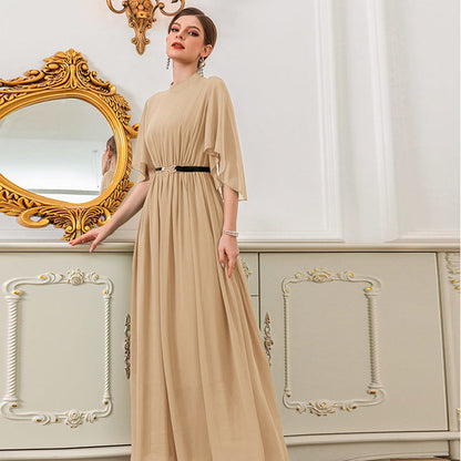 Middle East Muslim Wear High Neck Bell Sleeve Solid Color Dress