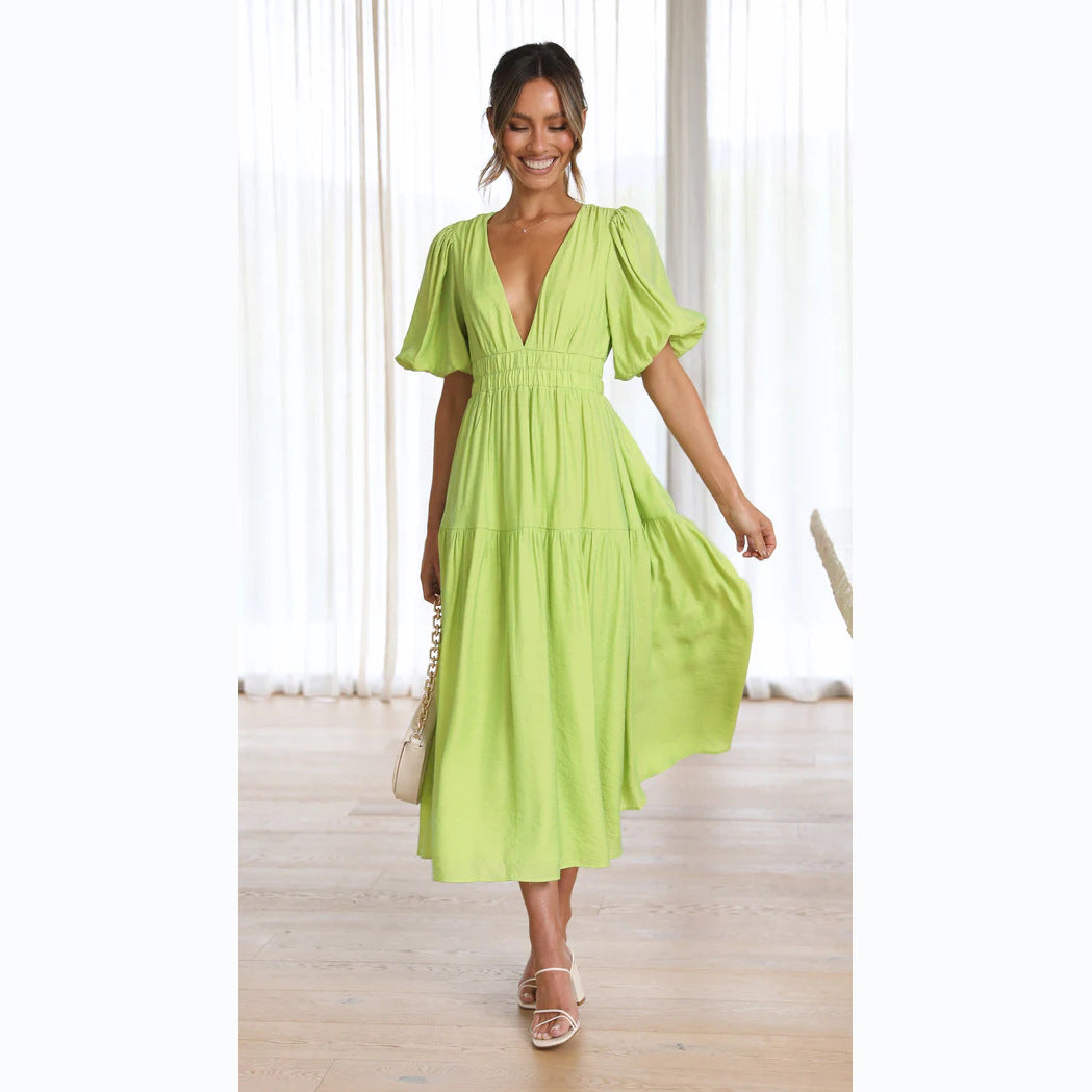 Casual Trends V neck Tight Waist Mid Length Dress
