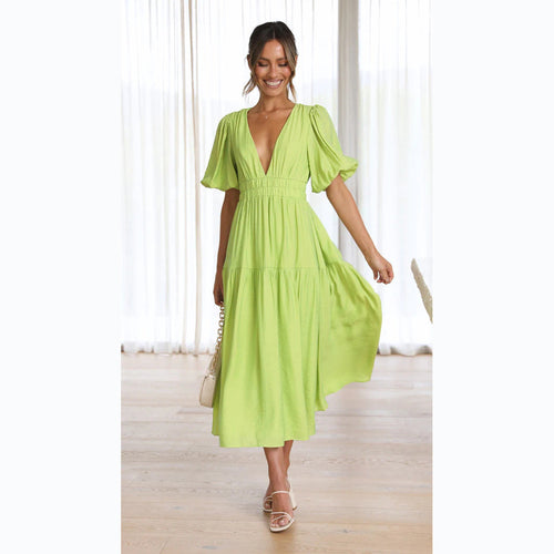 Casual Trends V neck Tight Waist Mid Length Dress