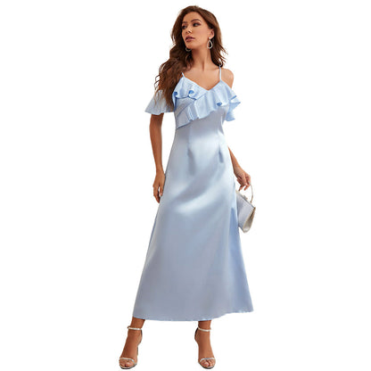 Bridesmaid Adult Formal Dress Dress Blue Spaghetti-Strap Ruffle A line Dress