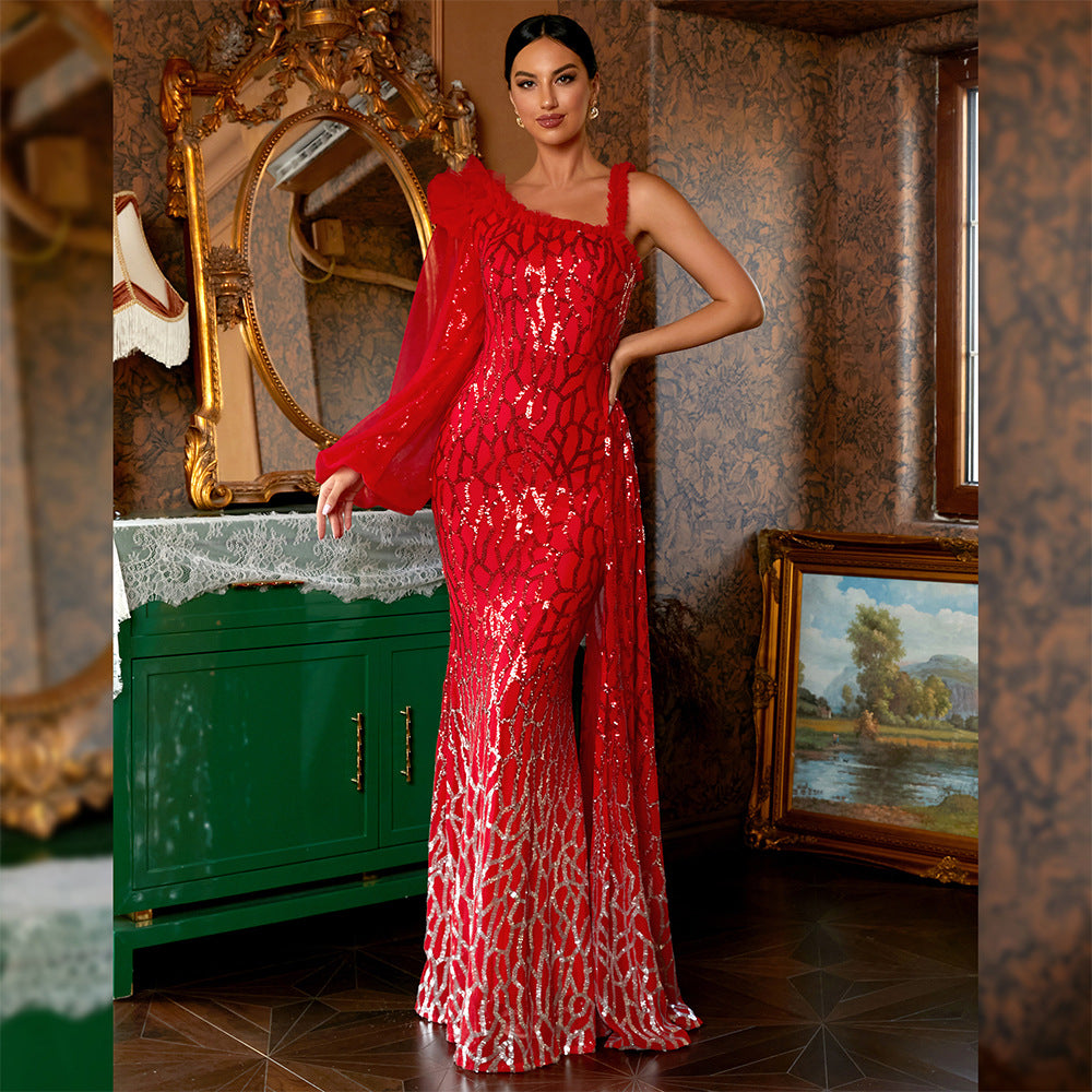 Elegant Long Sequined Long Sleeve Diagonal Collar Backless Cocktail Evening Dress Bridesmaid Bodycon Maxi