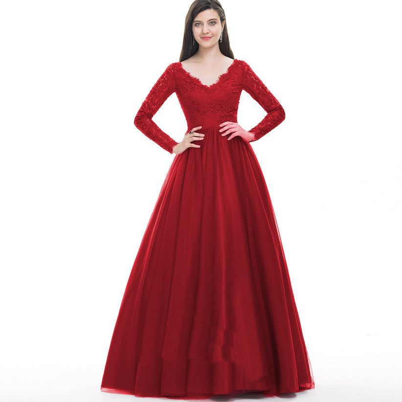 Mesh Lace Long Sleeve Wedding Bridal Gown Dress Evening Maxi Dress