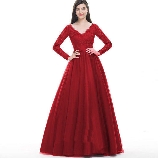 Mesh Lace Long Sleeve Wedding Bridal Gown Dress Evening Maxi Dress