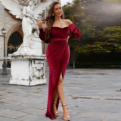 Long Sleeved Elegant Long Velvet U Neck Cocktail Split Evening Dress Bridesmaid Dress for