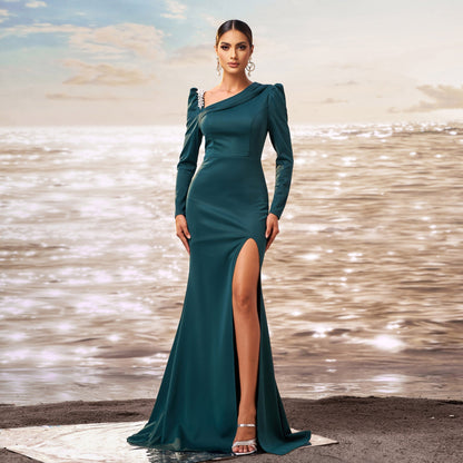 Long Sleeved Diagonal Collar Slim Fit Sheath Cocktail Fishtail Split Evening Dress