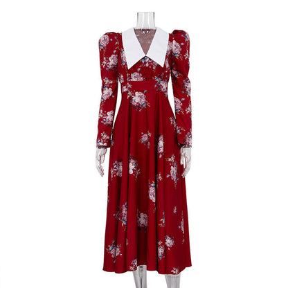 Early Retro Printed Large Swing Dress Waist Controlled Slim Fit Maxi Dress