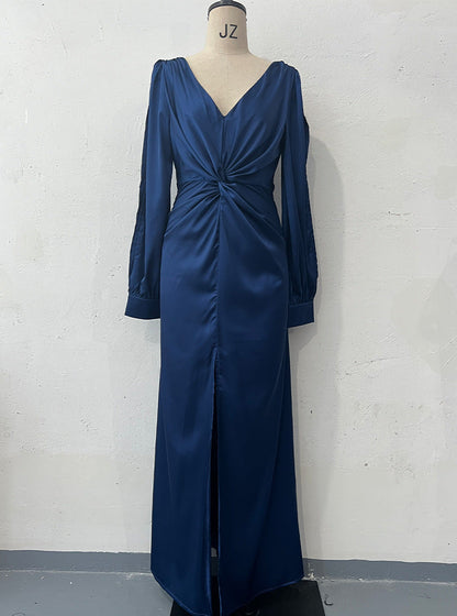 Collar Solid Color Long Sleeve Slim Fit Slit Noble Dress
