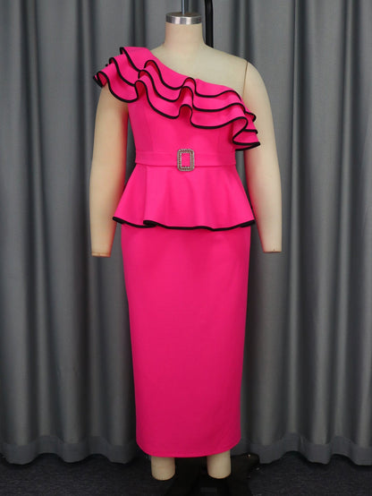 Fashionable Ruffled Sleeveless Dress Party Contrast Color Diagonal Collar High Waist Dress