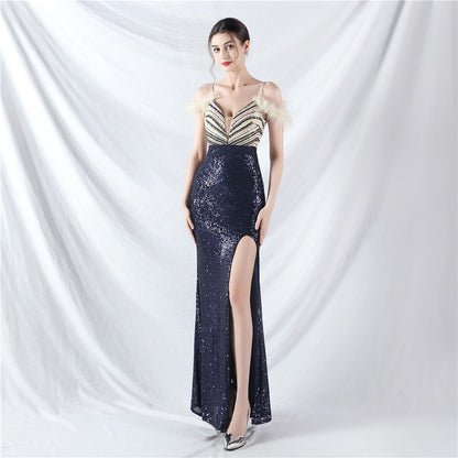 Craft Order Ostrich Feather Sequin Ladies Party Evening Dress Long Sleeveless Split Toast Dress