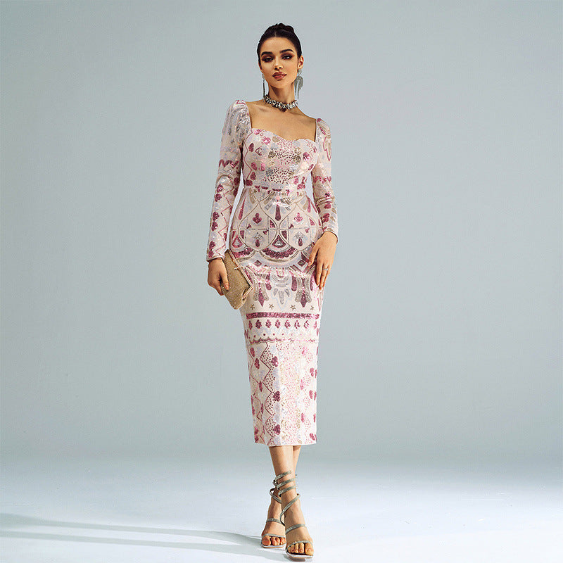 High End Long Sleeve Square Collar Mid Length to Long Sequined Cocktail Evening Dress Bridesmaid Dress