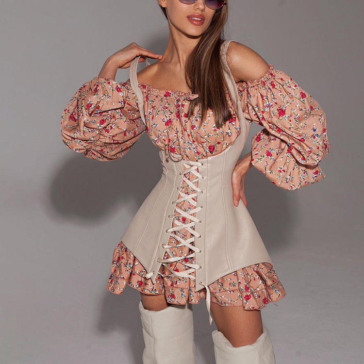Long Sleeve Floral Dress with Vest Waist Tight Slimming A line Dress