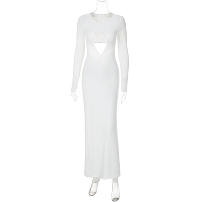 Cutout Slim Pleated Solid Color Long Sleeve Dress