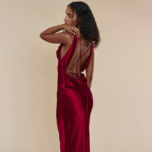 Cocktail Evening Dress Sling Swing Collar Dress Backless Lace Up Maxi Dress