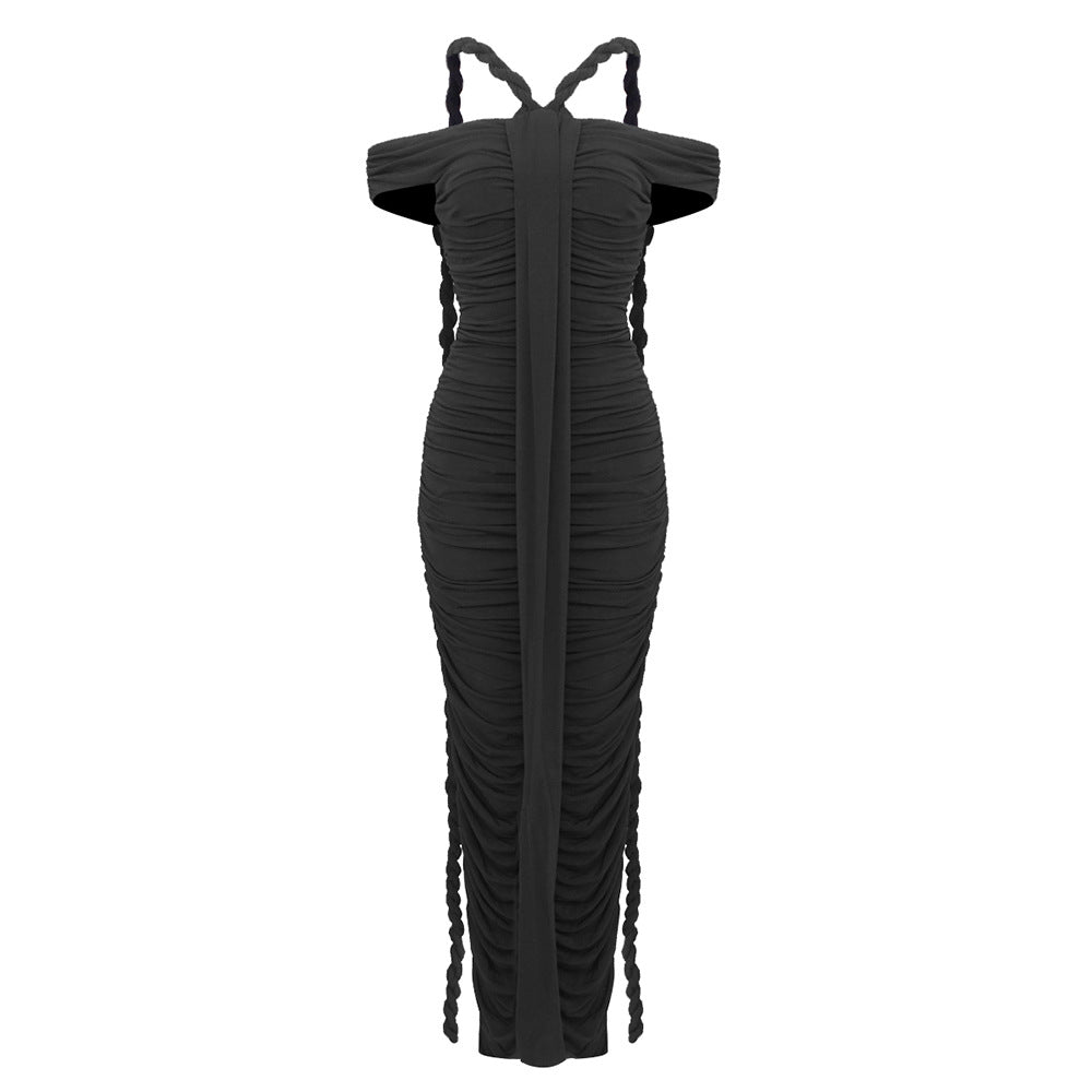 Elegant Graceful Off Neck Braid Pleated High Waist Figure Flattering Sheath