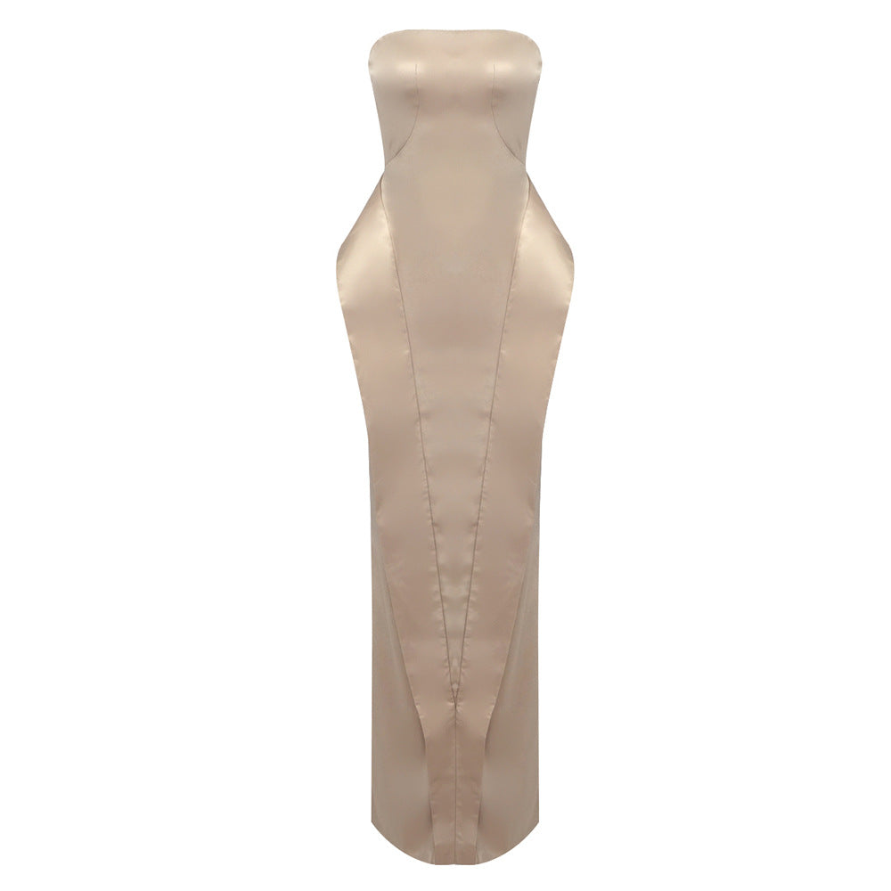 Fall Khaki Tube Top Dress Maxi Dress Personalized Design Slit Fashionable