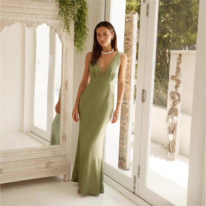 Dress Solid Color V neck Slim Lace Dress Evening Dress