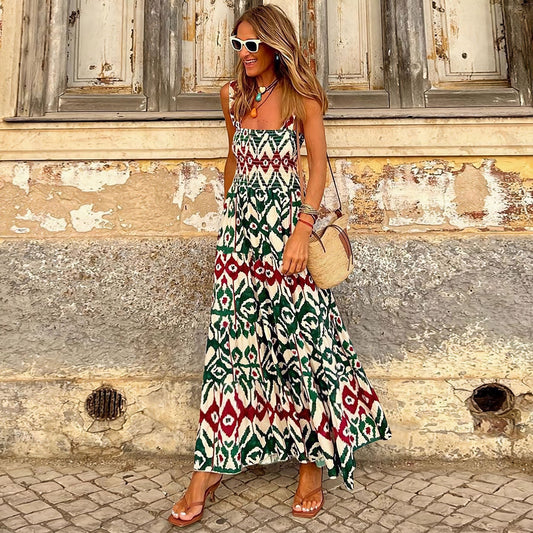 Elegant Printed Elastic Cami Dress Vacation French Floral Strap Maxi Dress