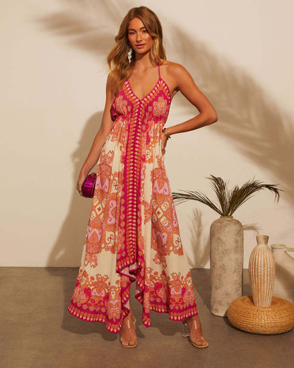 Casual Holiday Dress Printed Suspenders Midi