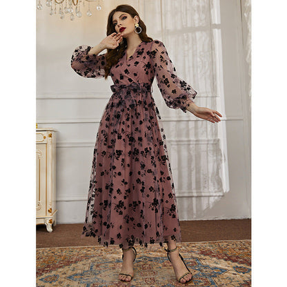 Casual V neck Long Sleeve High Waist Floral Print Long Lace Dress