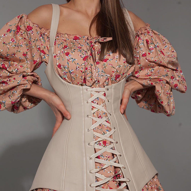 Long Sleeve Floral Dress with Vest Waist Tight Slimming A line Dress