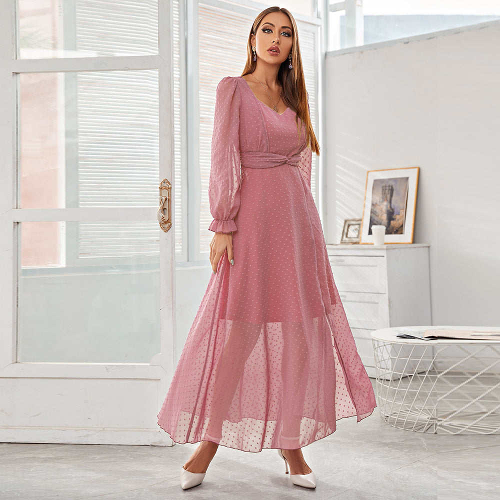Dress  Arrival Pink Voile Long Dress High Waist Slim Fit