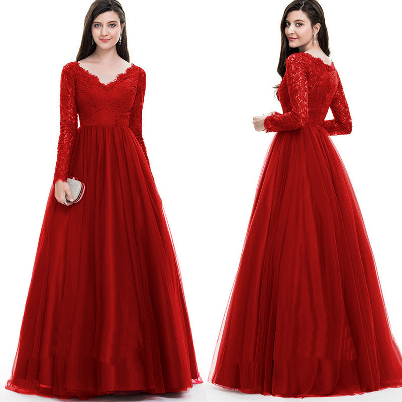 Mesh Lace Long Sleeve Wedding Bridal Gown Dress Evening Maxi Dress