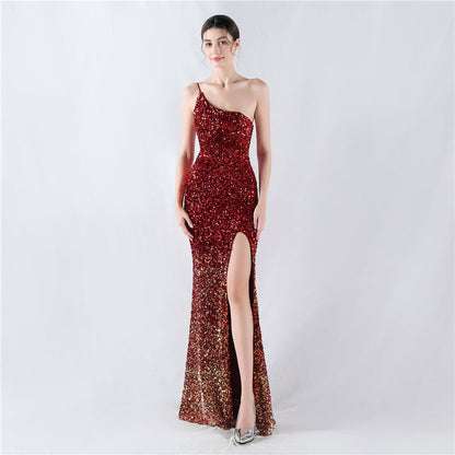 Dress Velvet Bottom Gradient Sequin High Fork Oblique Shoulder Evening Dress