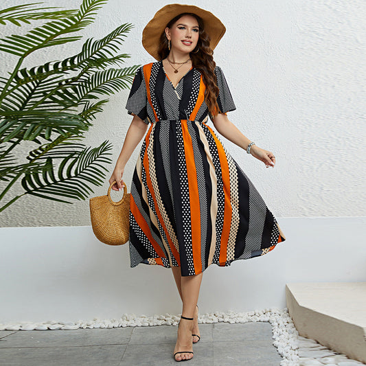 Dress Waist Controlled V neck Printing Dress