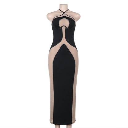 Fall Maxi Dress Elegant Halter Sling Slim Fit Hollow Out Cutout Dress