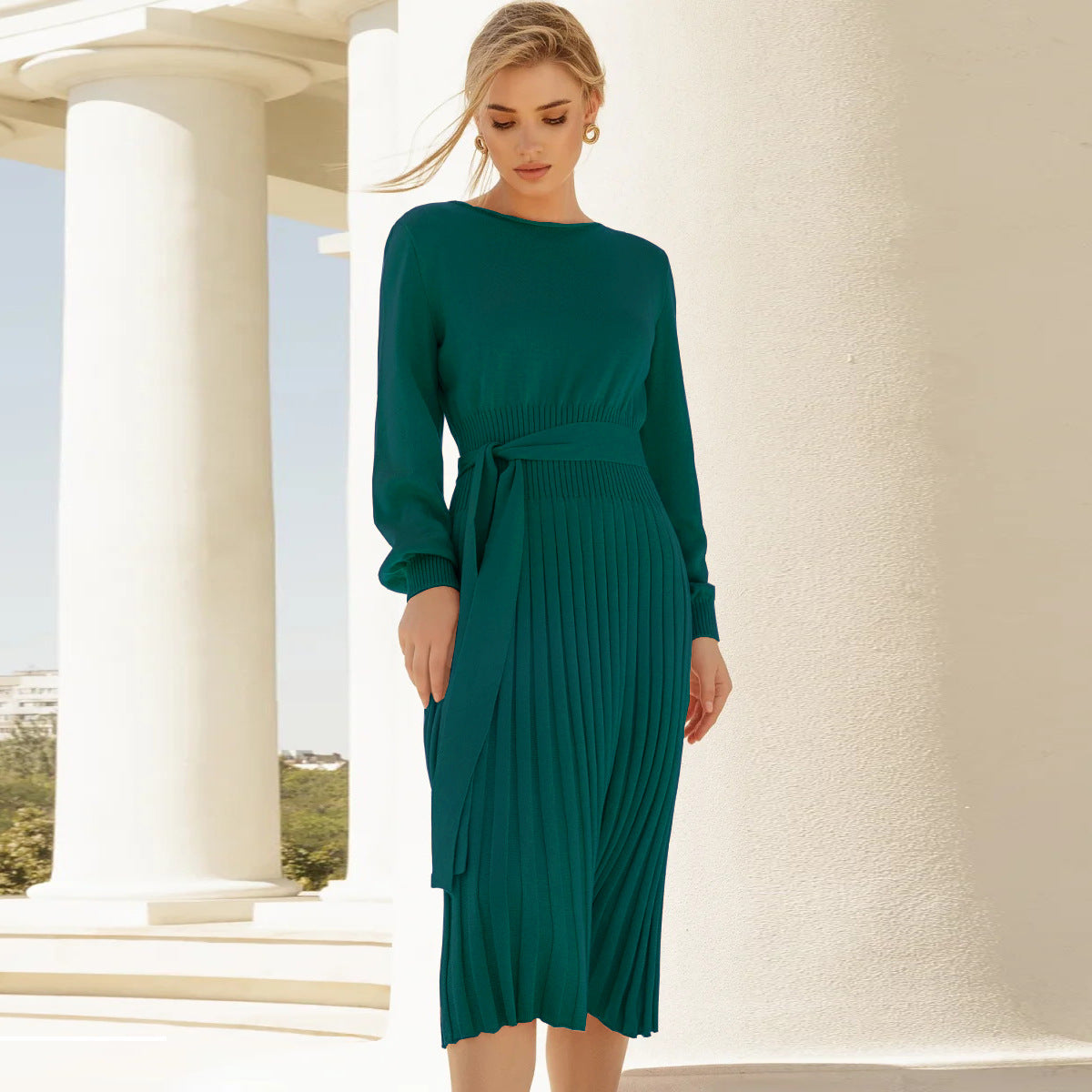 Knitting Dress Slim-Fit Pleated Mid-Length Bottoming Sweater