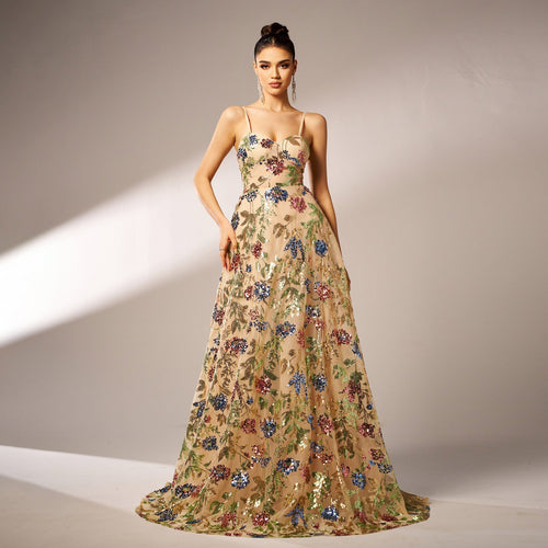 High Class Elegant Sleeveless off Neck Strap Cocktail Sequined Large Swing Evening