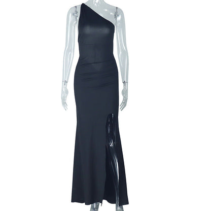 Elegant Backless Lace up Hip Dress Diagonal Collar Pleated Tube Top Solid Color Length Dress