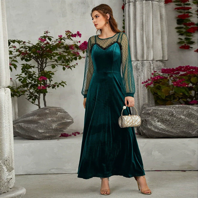 Long Sleeve round Collar Gauze Lace Velvet Cami Dress
