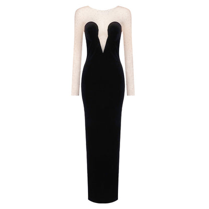 Mesh Semi Transparent Particle Tube Top Long Sleeve Velvet Dress