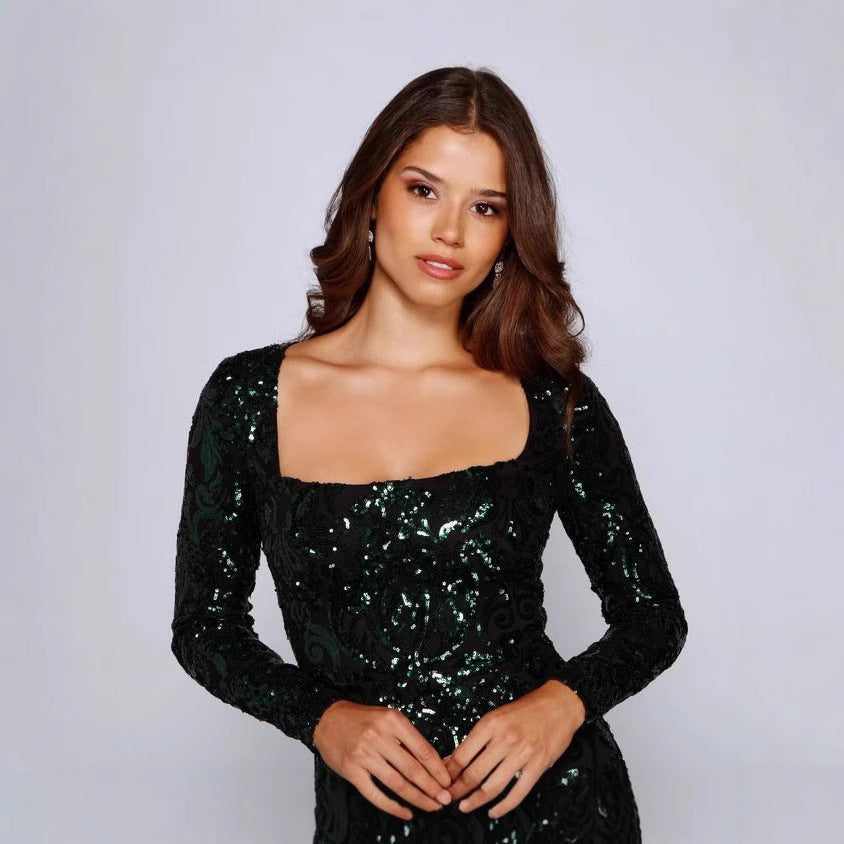 Long-Sleeved Sequined Sheath Dress